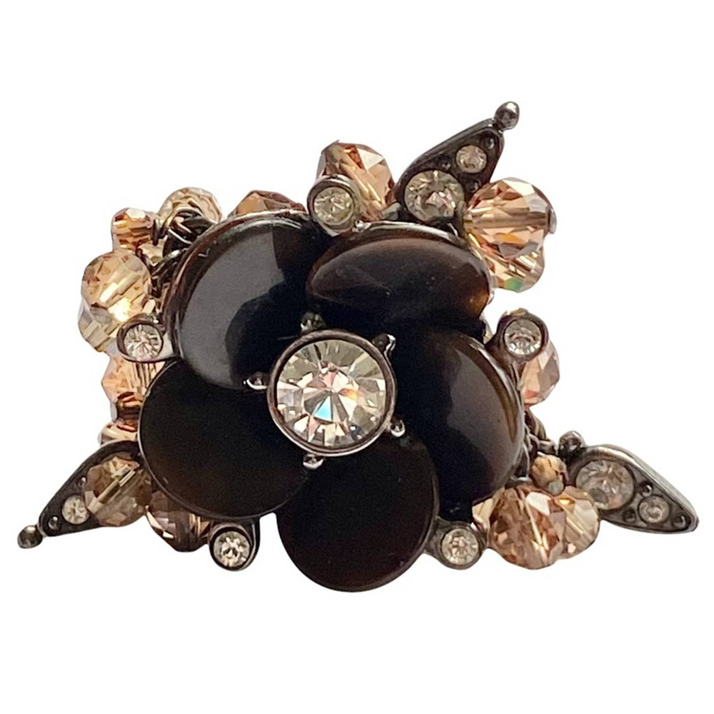 VTG Christian Dior Brown Beaded Crystal Flower Charm Cocktail Ring Sz. 5